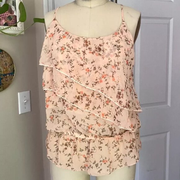 NORDSTROM Peachy Pink Micro Floral Silky Smocked Camisole Tank shirt *SMALL* - Picture 1 of 5